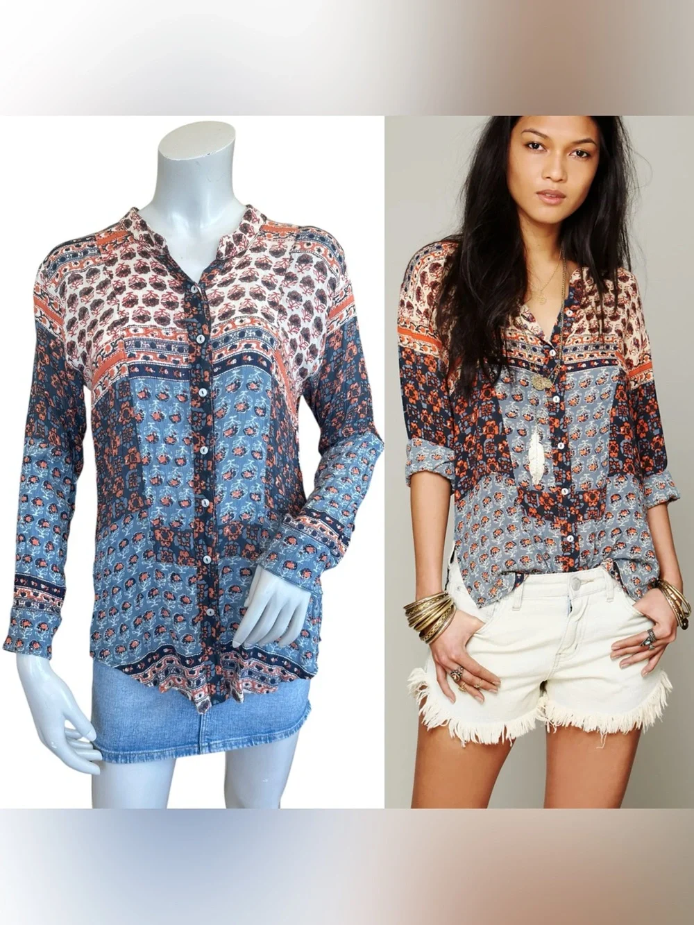 Free People Samba Orange Blue Paisley Tapestry Patchwork Boho Button Up Shirt XS
